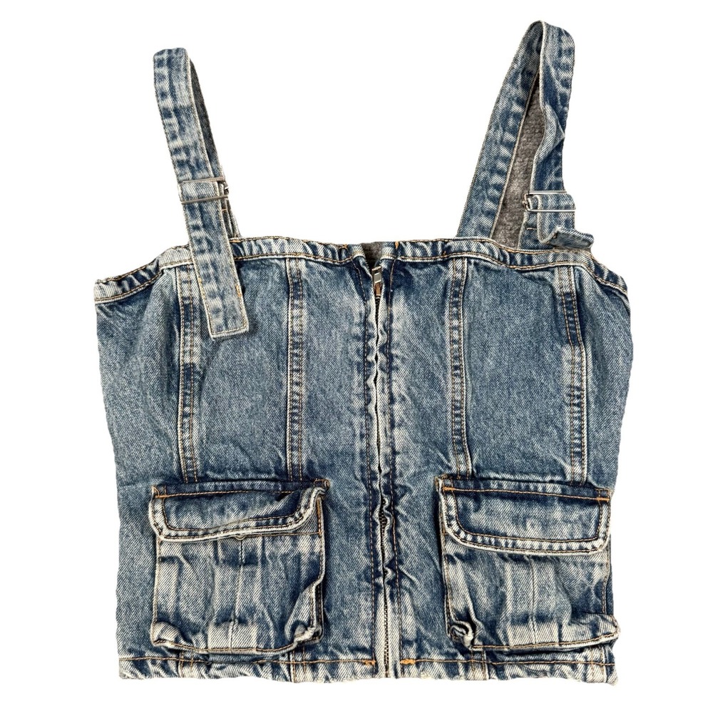 Zara Corset Blue Denim Top Medium Zip Front Strap Buckles Grunge Utility Bustier